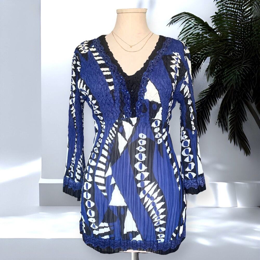 Vintage ALBERTO MAKALI 90's Retro Tunic Top Crinkled Blouse Lace Old Money Blue